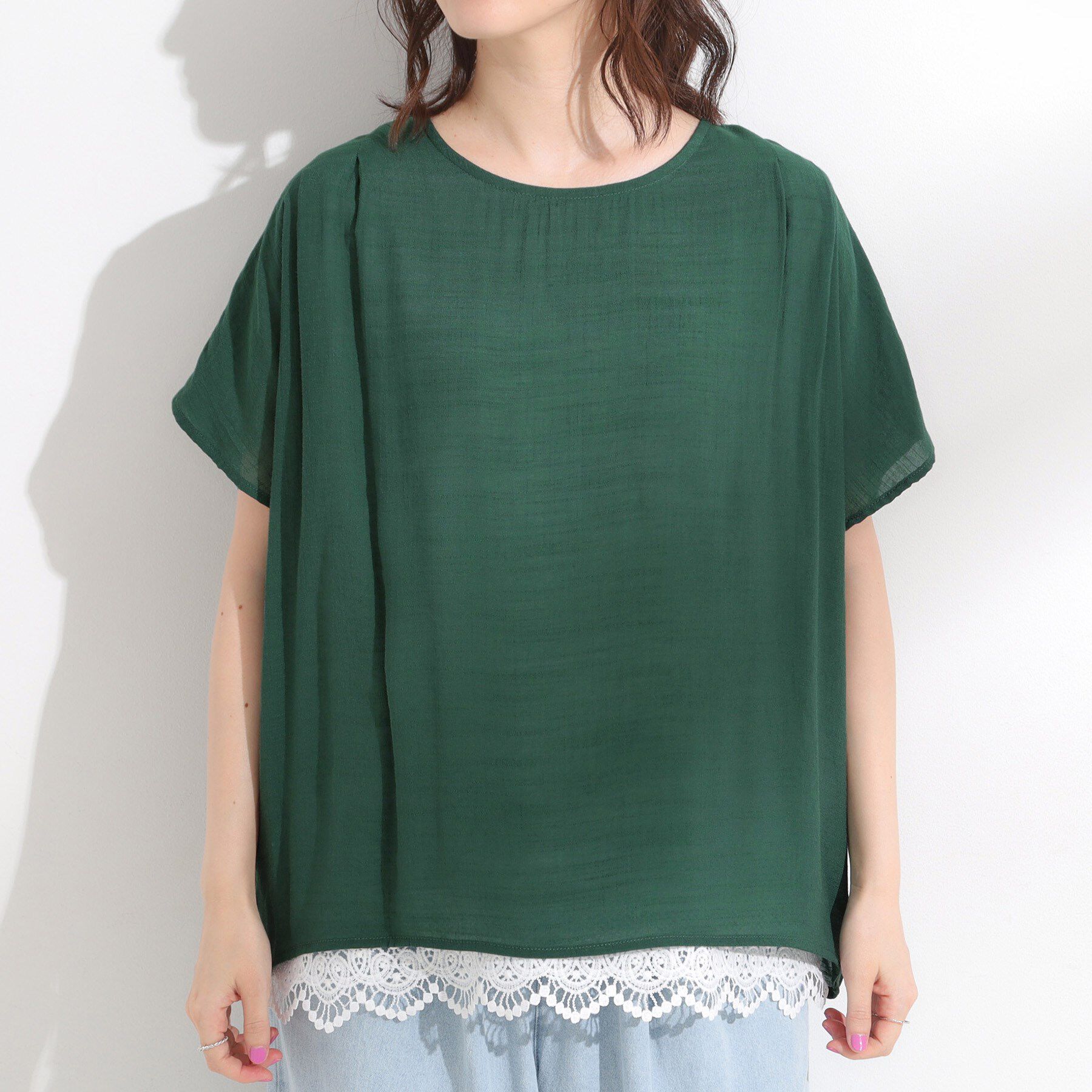 SHOO･LA･RUE「【S-LL】着るだけで簡単にコーデが決まる レースレイヤード風ドルマントップス」|Tシャツ・カットソー|