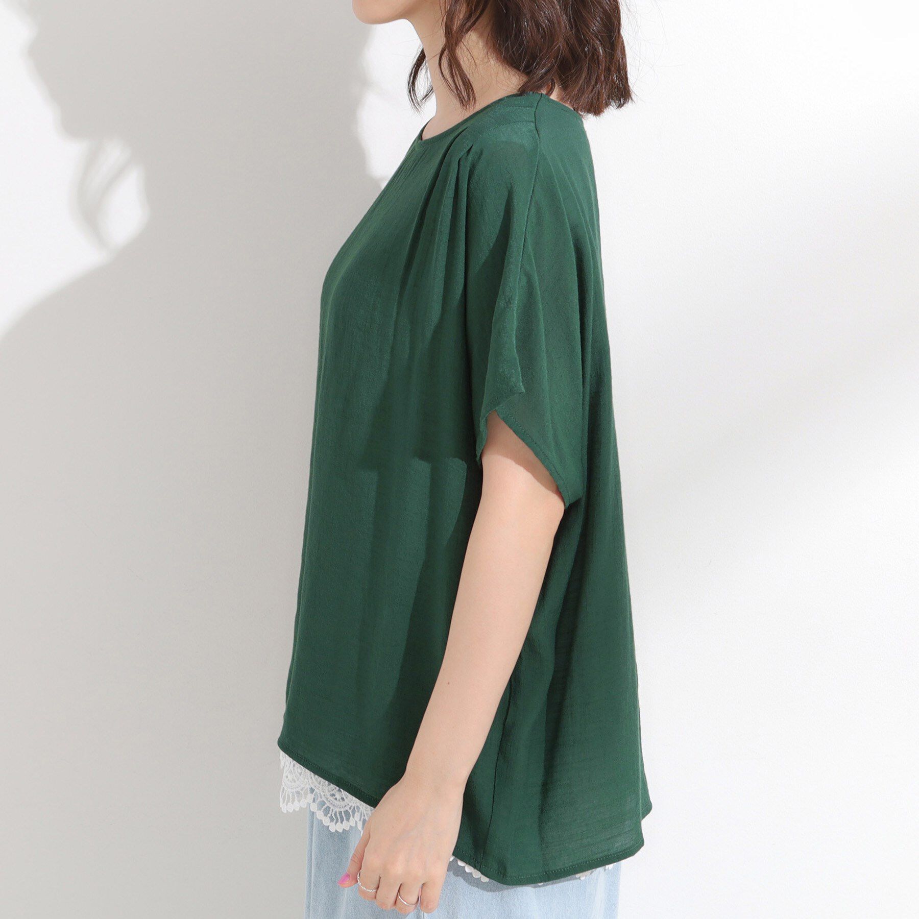 SHOO･LA･RUE「【S-LL】着るだけで簡単にコーデが決まる レースレイヤード風ドルマントップス」|Tシャツ・カットソー|