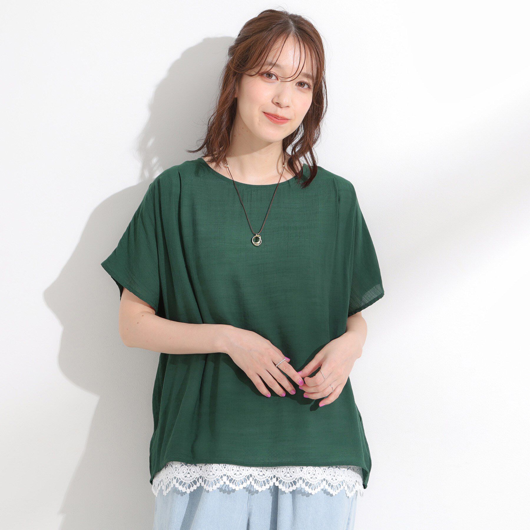 SHOO･LA･RUE「【S-LL】着るだけで簡単にコーデが決まる レースレイヤード風ドルマントップス」|Tシャツ・カットソー|