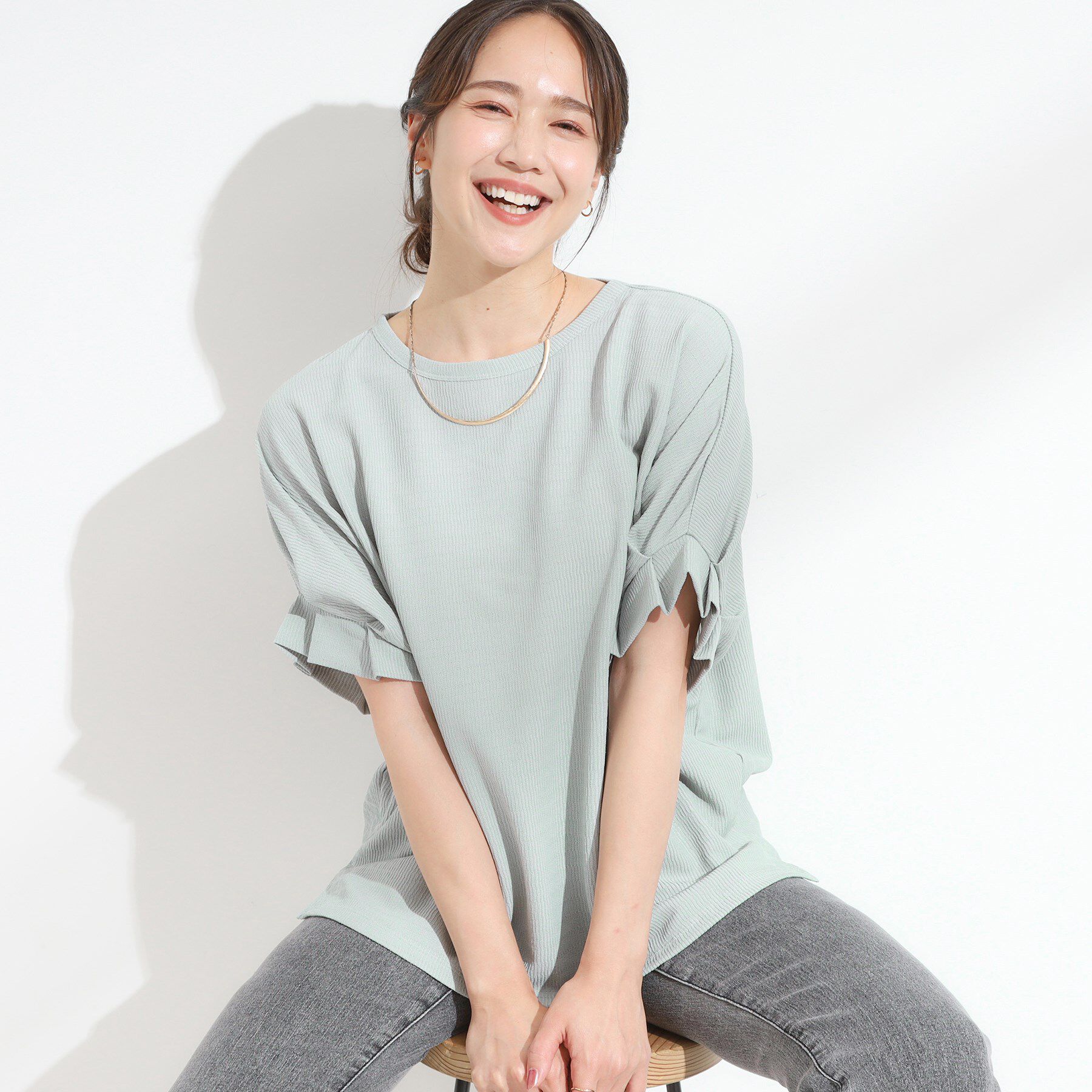 SHOO･LA･RUE「【洗える】お袖のタックがアクセント インせず着られる さらさらドルマントップス」|Tシャツ・カットソー|ミントグリーン(02