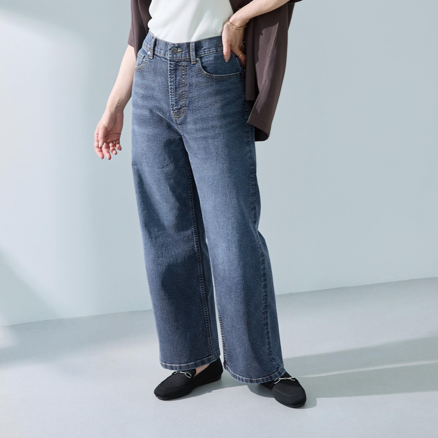 SHOO･LA･RUE「【S-LL/ストレッチ/色落ちしにくいネイビー】脚がまっすぐきれいに見える ワイドストレートデニムパ」|デニム|