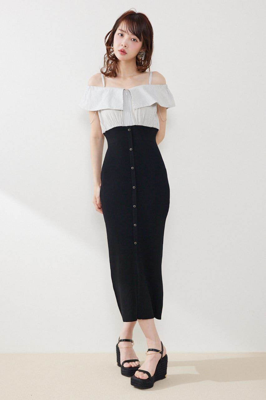 rienda「2WAYフロントジップビッグカラータイトニットワンピース」|ワンピース|BLK