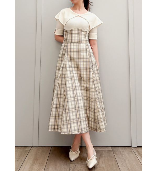 dazzlin「ビッグカラーチェックコルセットワンピース」|ワンピース|オフホワイト