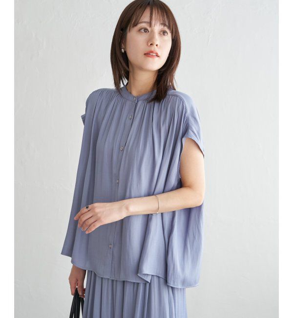 ikka「【セットアップ対応】カッセンギャザーフレンチ袖ブラウス」|シャツ・ブラウス|ブルー