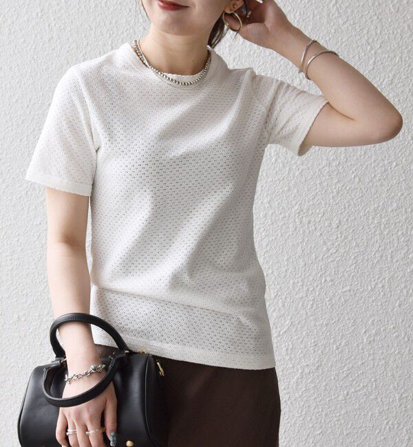 SHIPS any「SHIPS any:〈洗濯機可能〉透かし レース 半袖 クルーネック Tシャツ」|Tシャツ・カットソー|