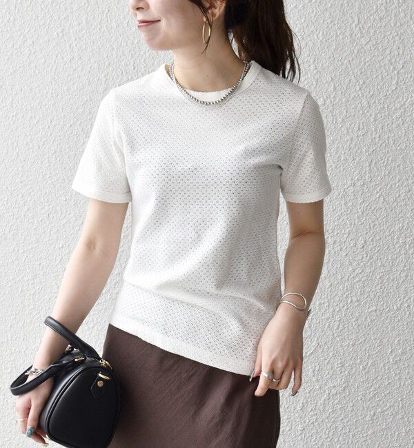 SHIPS any「SHIPS any:〈洗濯機可能〉透かし レース 半袖 クルーネック Tシャツ」|Tシャツ・カットソー|