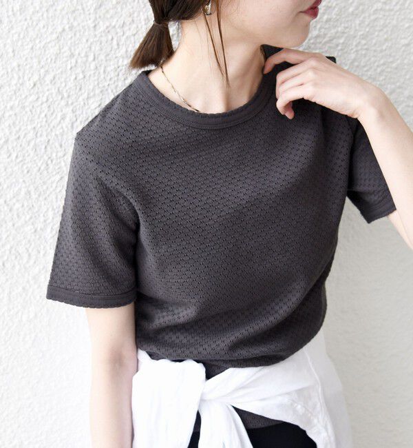 SHIPS any「SHIPS any:〈洗濯機可能〉透かし レース 半袖 クルーネック Tシャツ」|Tシャツ・カットソー|チャコールグレー