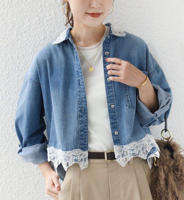 SHIPS for women「《予約》【WEB限定】〈手洗い可能〉ライトオンス レース コンビ デニム ロングスリーブ シャツ」|シャツ・ブラウス|