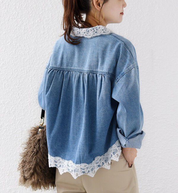 SHIPS for women「《予約》【WEB限定】〈手洗い可能〉ライトオンス レース コンビ デニム ロングスリーブ シャツ」|シャツ・ブラウス|