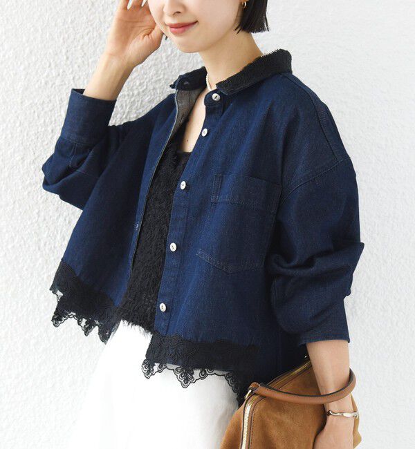 SHIPS for women「《予約》【WEB限定】〈手洗い可能〉ライトオンス レース コンビ デニム ロングスリーブ シャツ」|シャツ・ブラウス|ネイビー