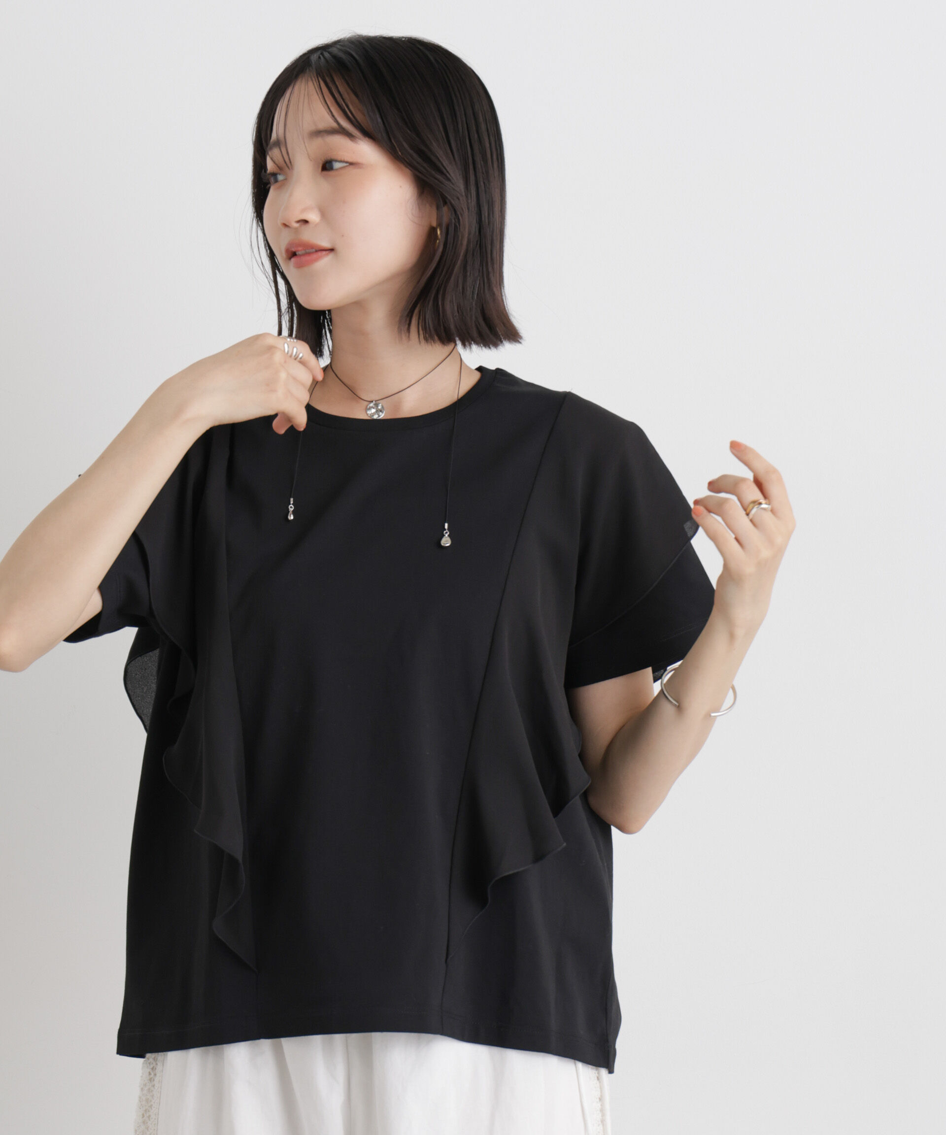 NANO universe「ラッフル異素材コンビカットトップス接触冷感&UVカット機能付」|Tシャツ・カットソー|