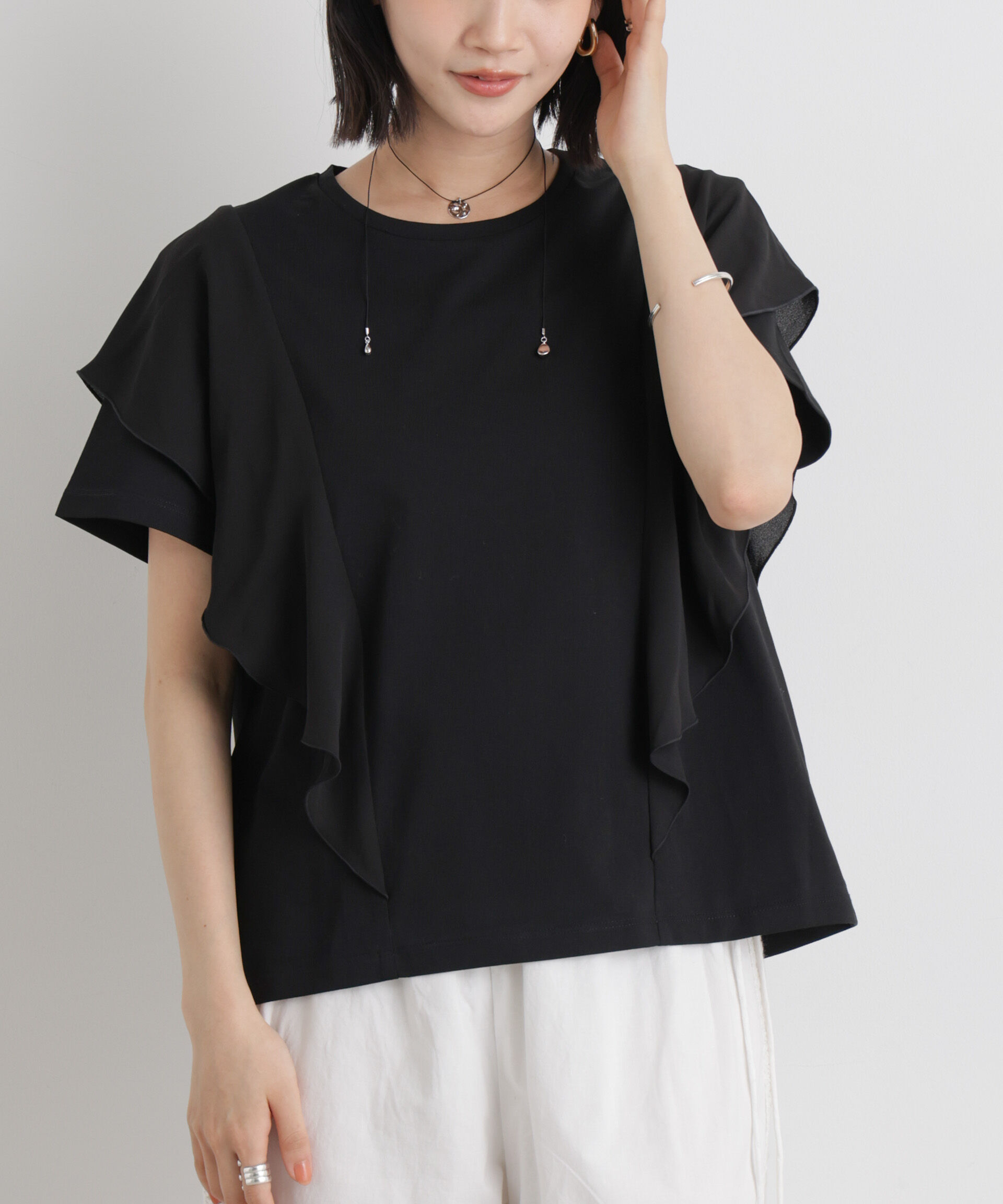 NANO universe「ラッフル異素材コンビカットトップス接触冷感&UVカット機能付」|Tシャツ・カットソー|