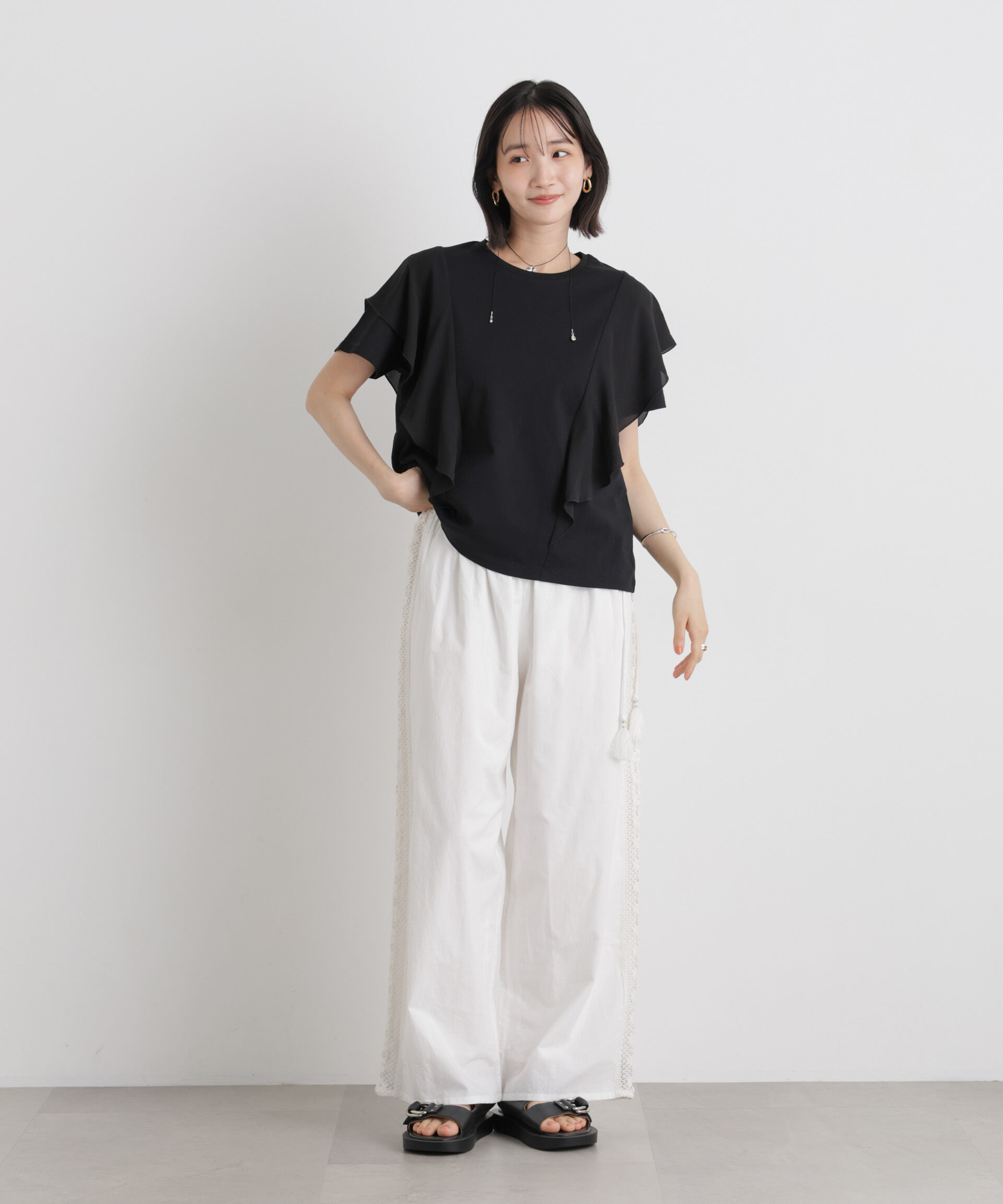NANO universe「ラッフル異素材コンビカットトップス接触冷感&UVカット機能付」|Tシャツ・カットソー|