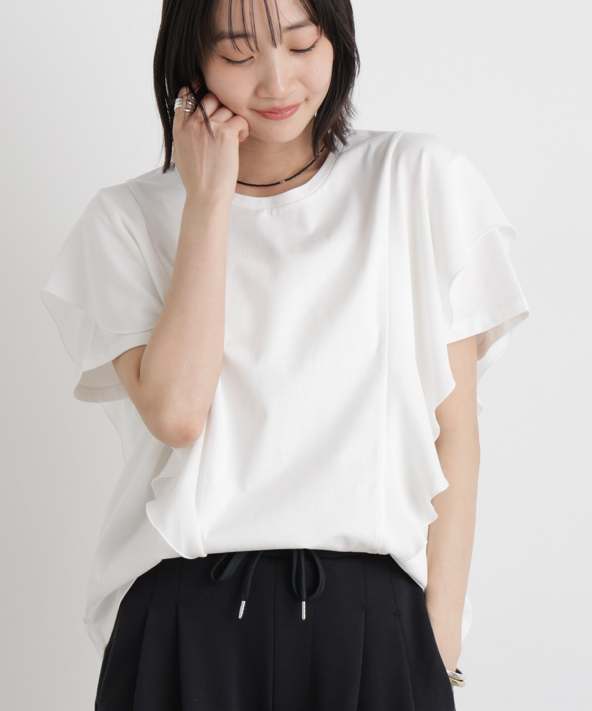 NANO universe「ラッフル異素材コンビカットトップス接触冷感&UVカット機能付」|Tシャツ・カットソー|ホワイト