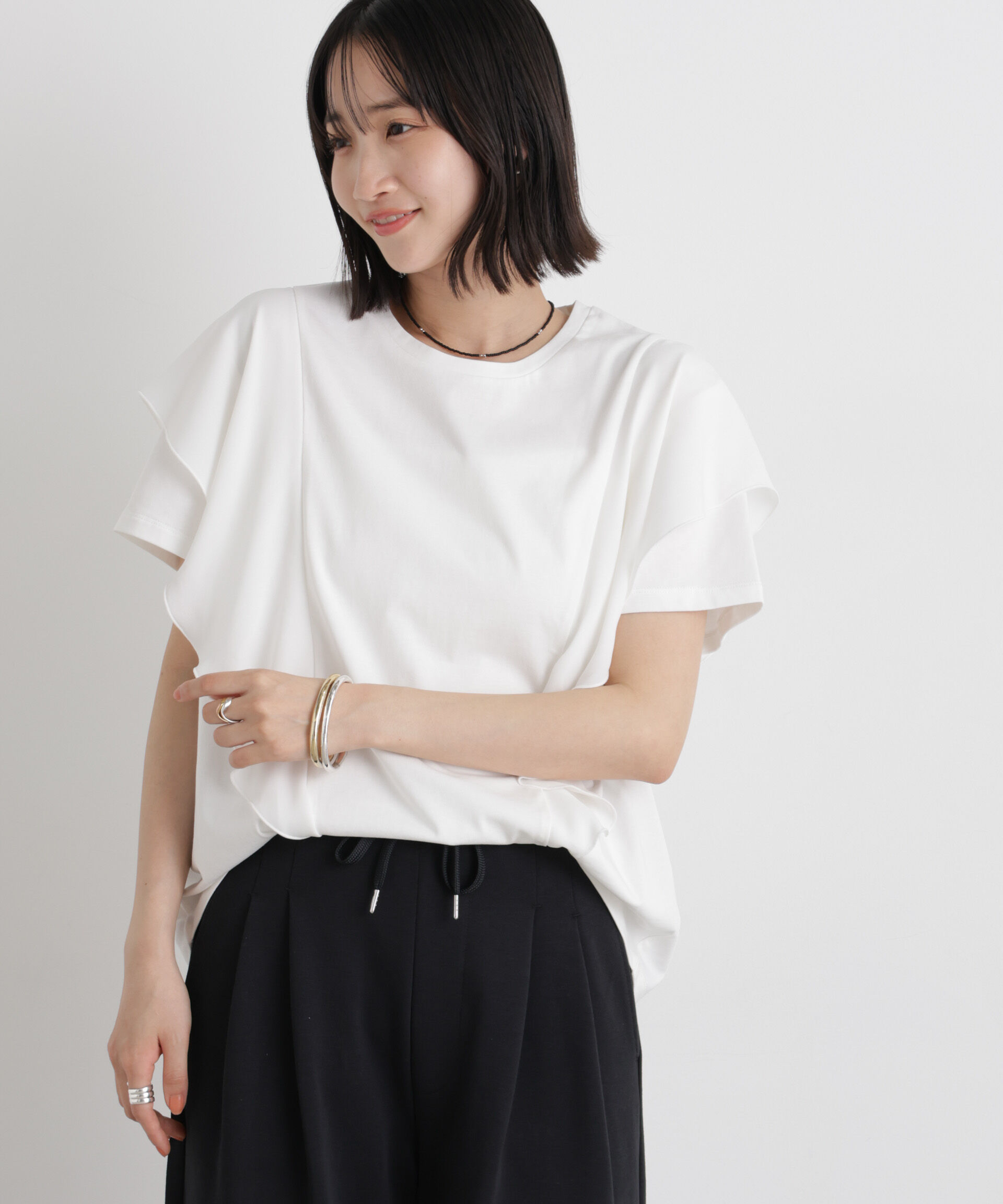 NANO universe「ラッフル異素材コンビカットトップス接触冷感&UVカット機能付」|Tシャツ・カットソー|