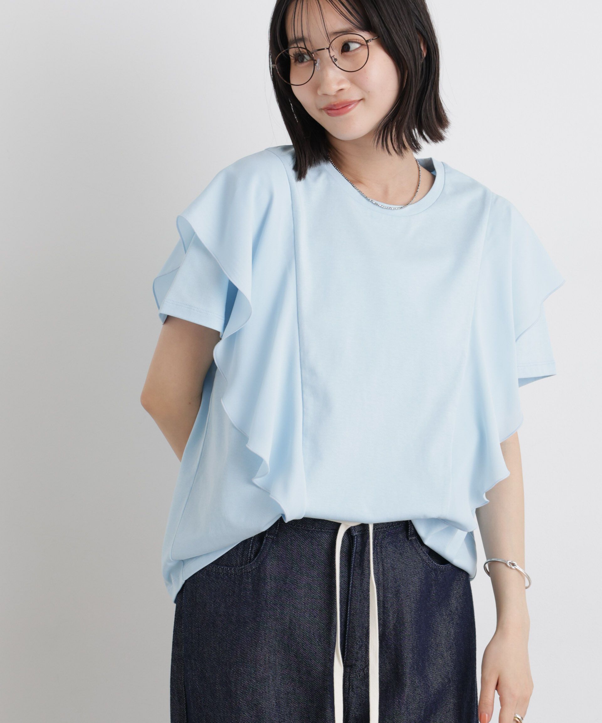 NANO universe「ラッフル異素材コンビカットトップス接触冷感&UVカット機能付」|Tシャツ・カットソー|