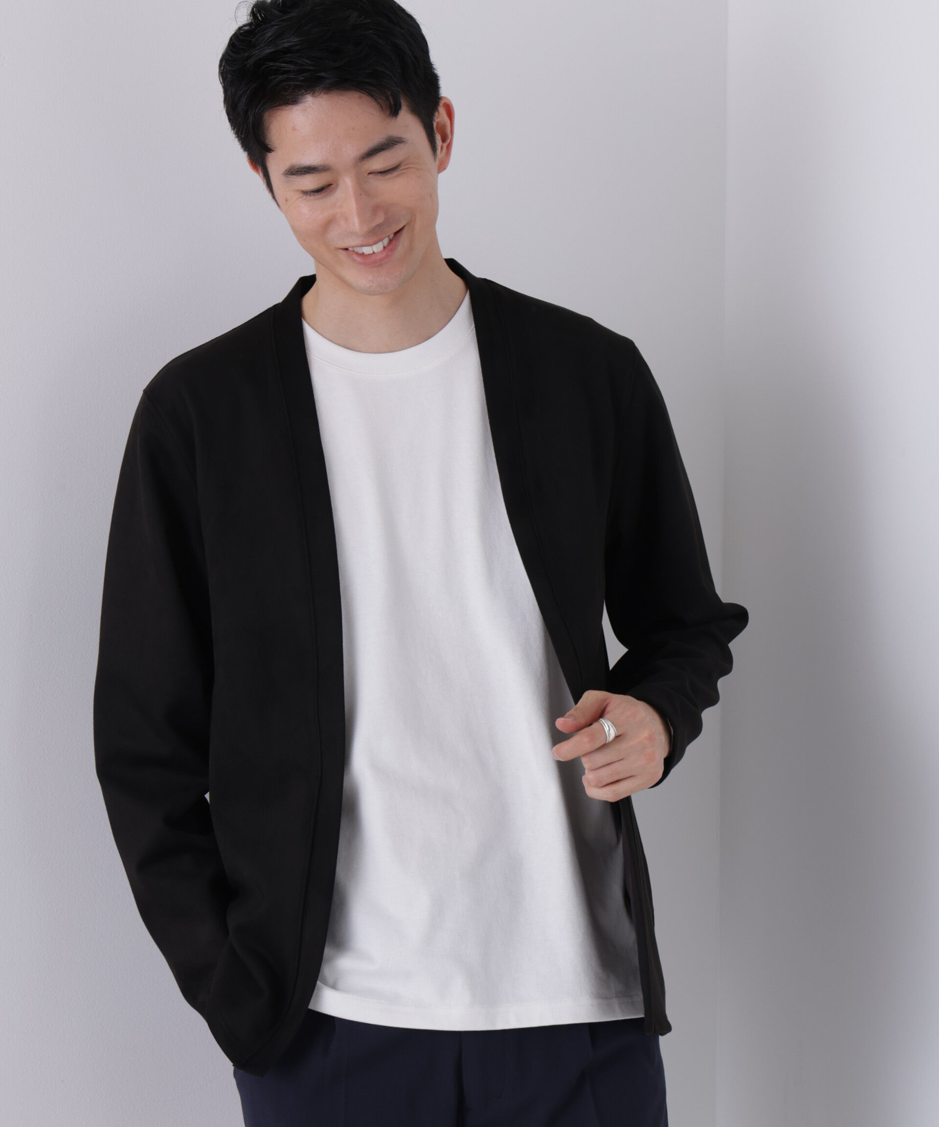 NANO universe「フェイクスエードトッパーカーディガン」|Tシャツ・カットソー|ブラック