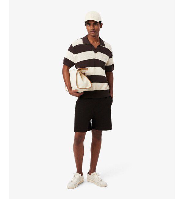 LACOSTE「ボーダーメッシュニットスキッパーポロシャツ」|ニット・セーター|