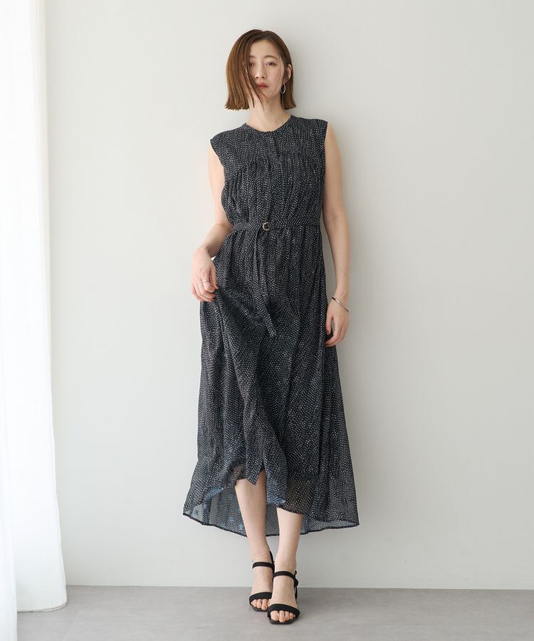 YECCA VECCA「シアードット柄ギャザーワンピース」|ワンピース|Black