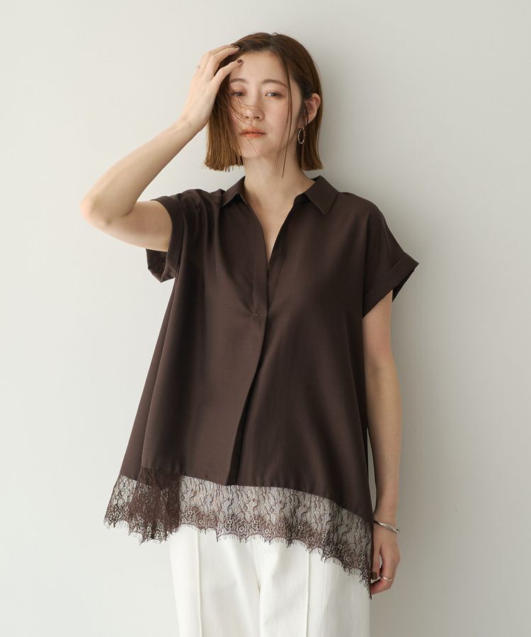 YECCA VECCA「裾レーススキッパーシャツ」|シャツ・ブラウス|Brown