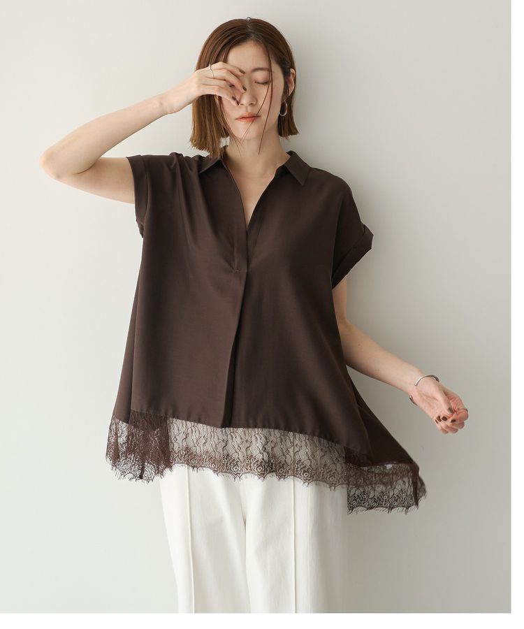 YECCA VECCA「裾レーススキッパーシャツ」|シャツ・ブラウス|