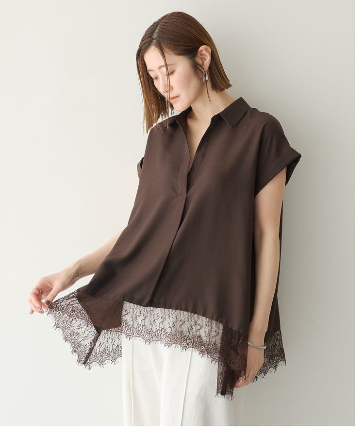 YECCA VECCA「裾レーススキッパーシャツ」|シャツ・ブラウス|