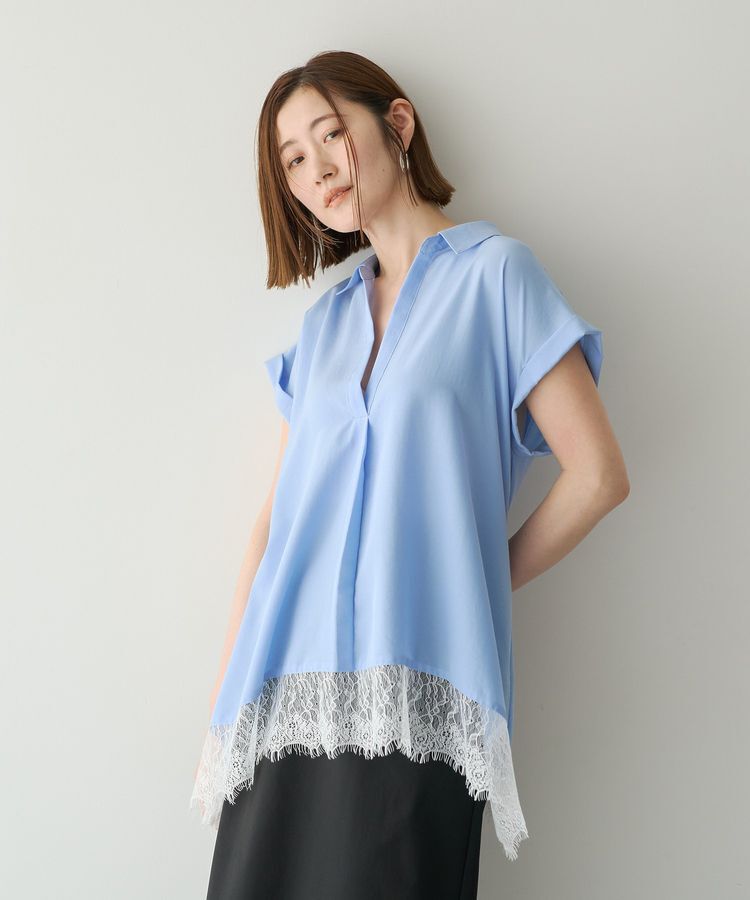 YECCA VECCA「裾レーススキッパーシャツ」|シャツ・ブラウス|Blue