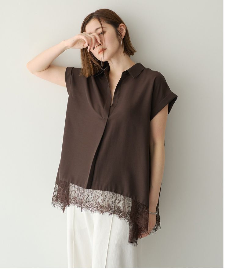 YECCA VECCA「裾レーススキッパーシャツ」|シャツ・ブラウス|