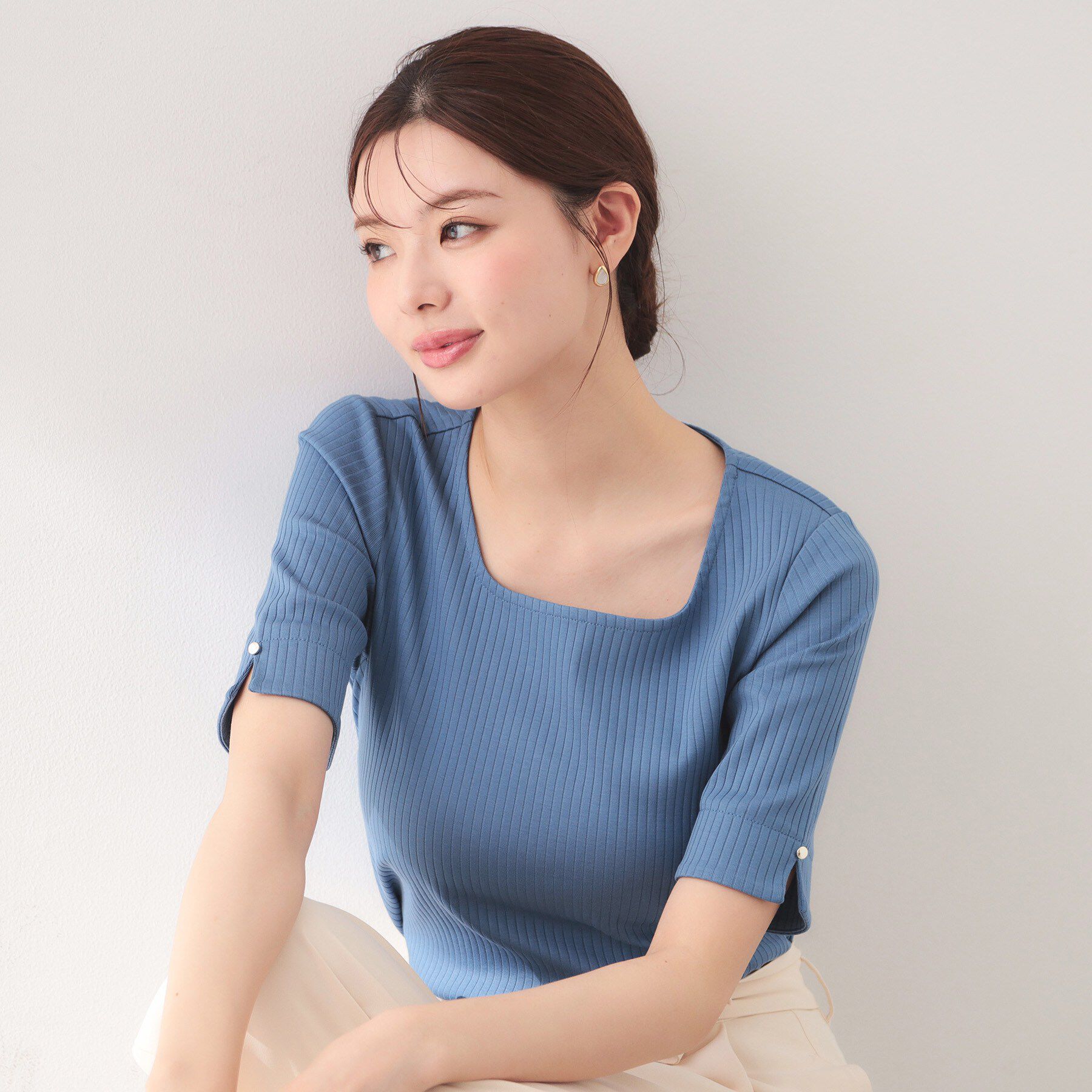 index「【接触冷感】スクエアネックワイドリブトップス《UVケア/洗濯機OK》」|Tシャツ・カットソー|ブルー(092)