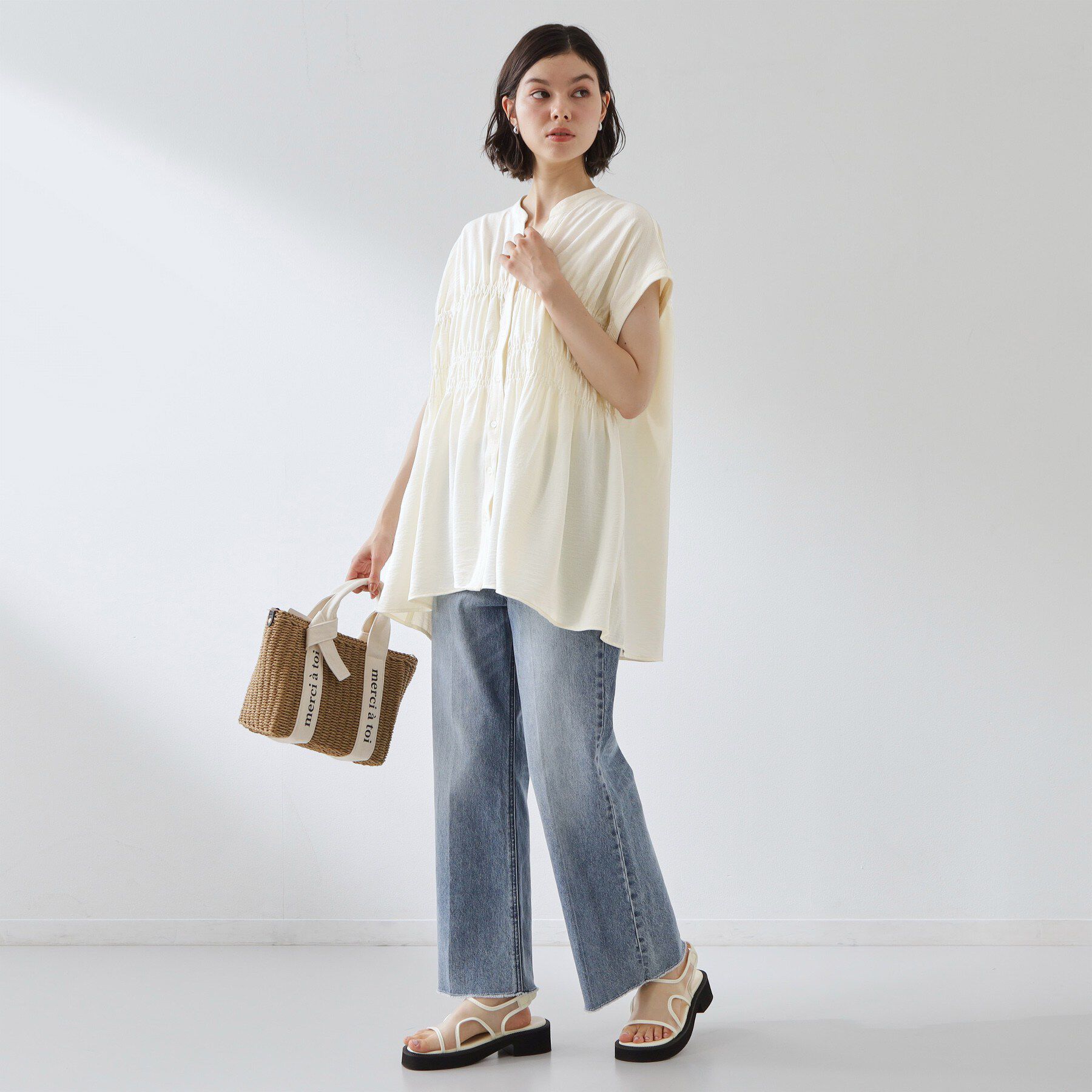 THE SHOP TK「【夏に嬉しい多機能/体型カバー】ひんやりさらさら シャーリングブラウス」|シャツ・ブラウス|