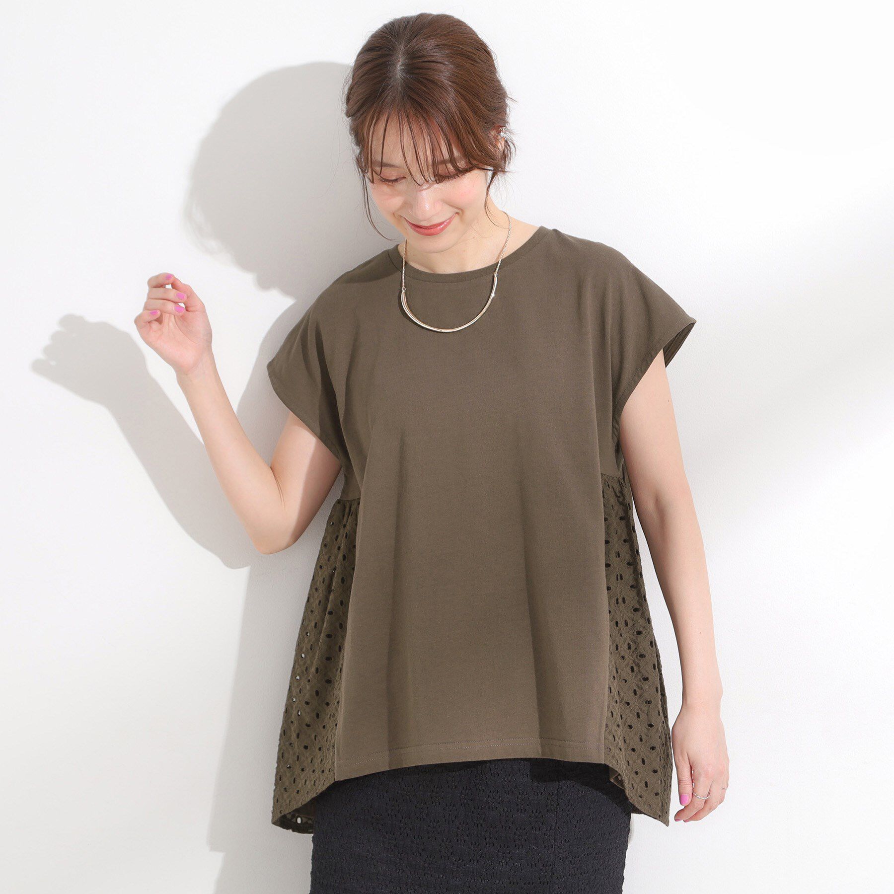 SHOO･LA･RUE「【S-LL/体型カバー】インせずサマ見え レースドッキングトップス」|Tシャツ・カットソー|