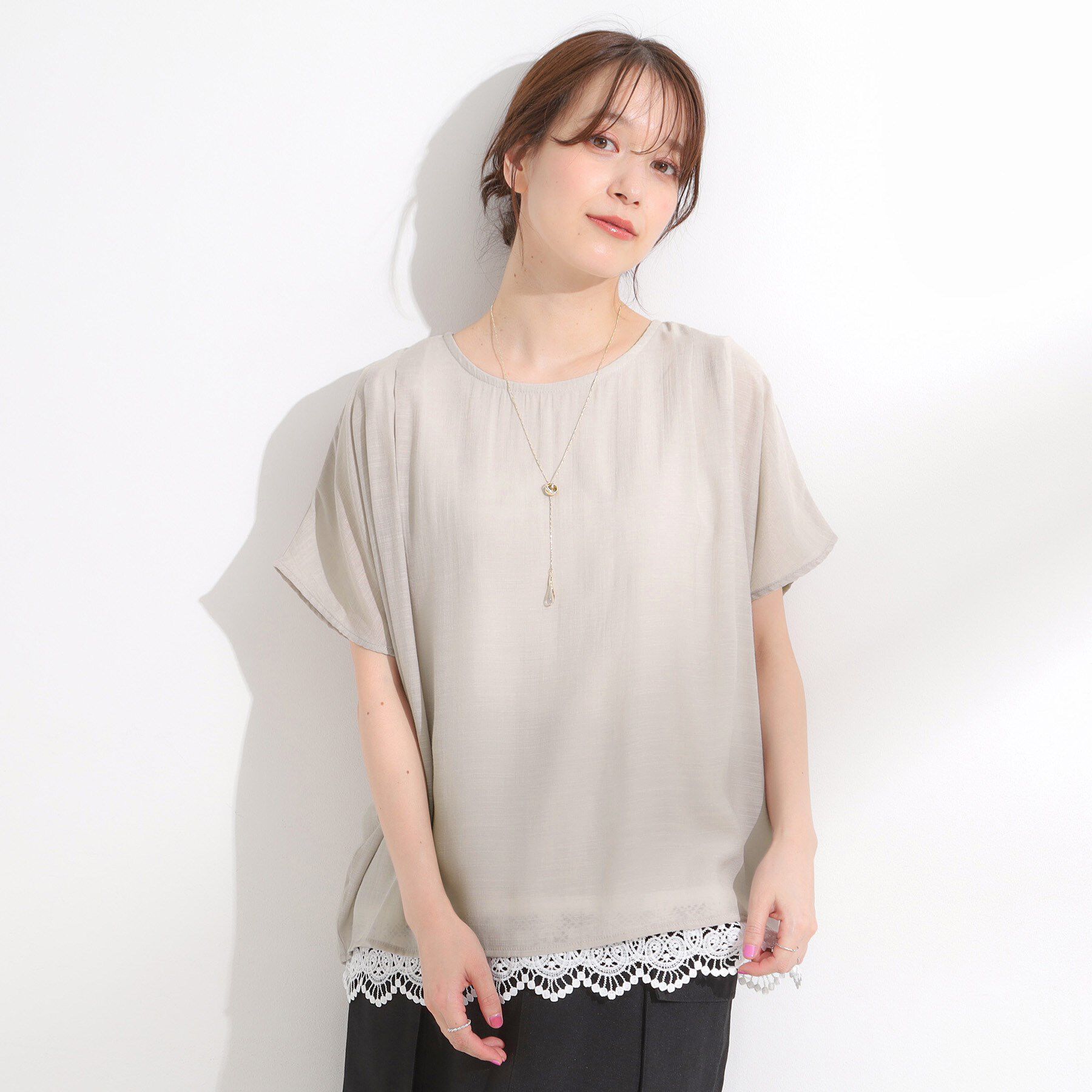 SHOO･LA･RUE「【S-LL】着るだけで簡単にコーデが決まる レースレイヤード風ドルマントップス」|Tシャツ・カットソー|