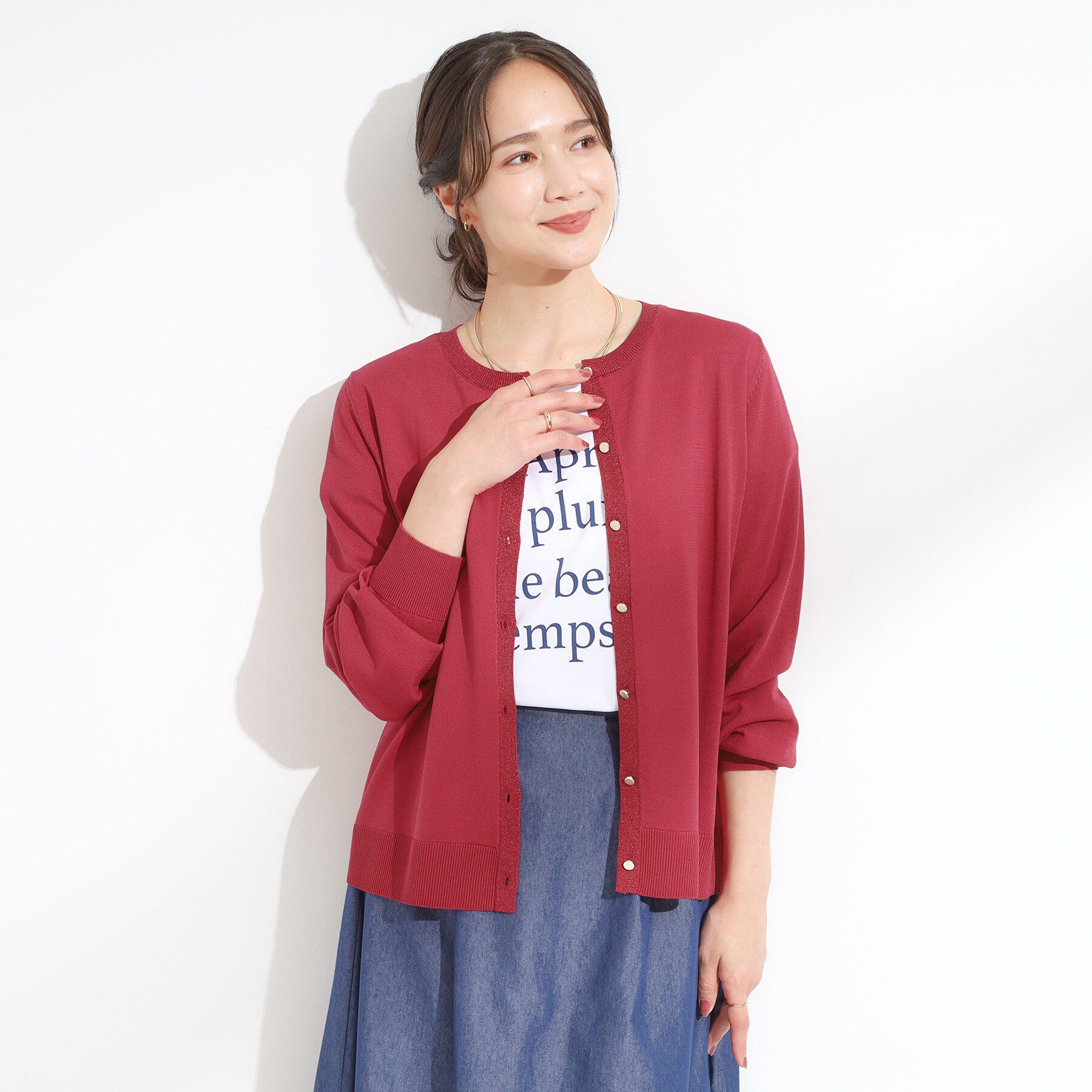 SHOO･LA･RUE「【洗える/S-LL】上品なラメ使い クルーネック ニットカーディガン」|カーディガン|