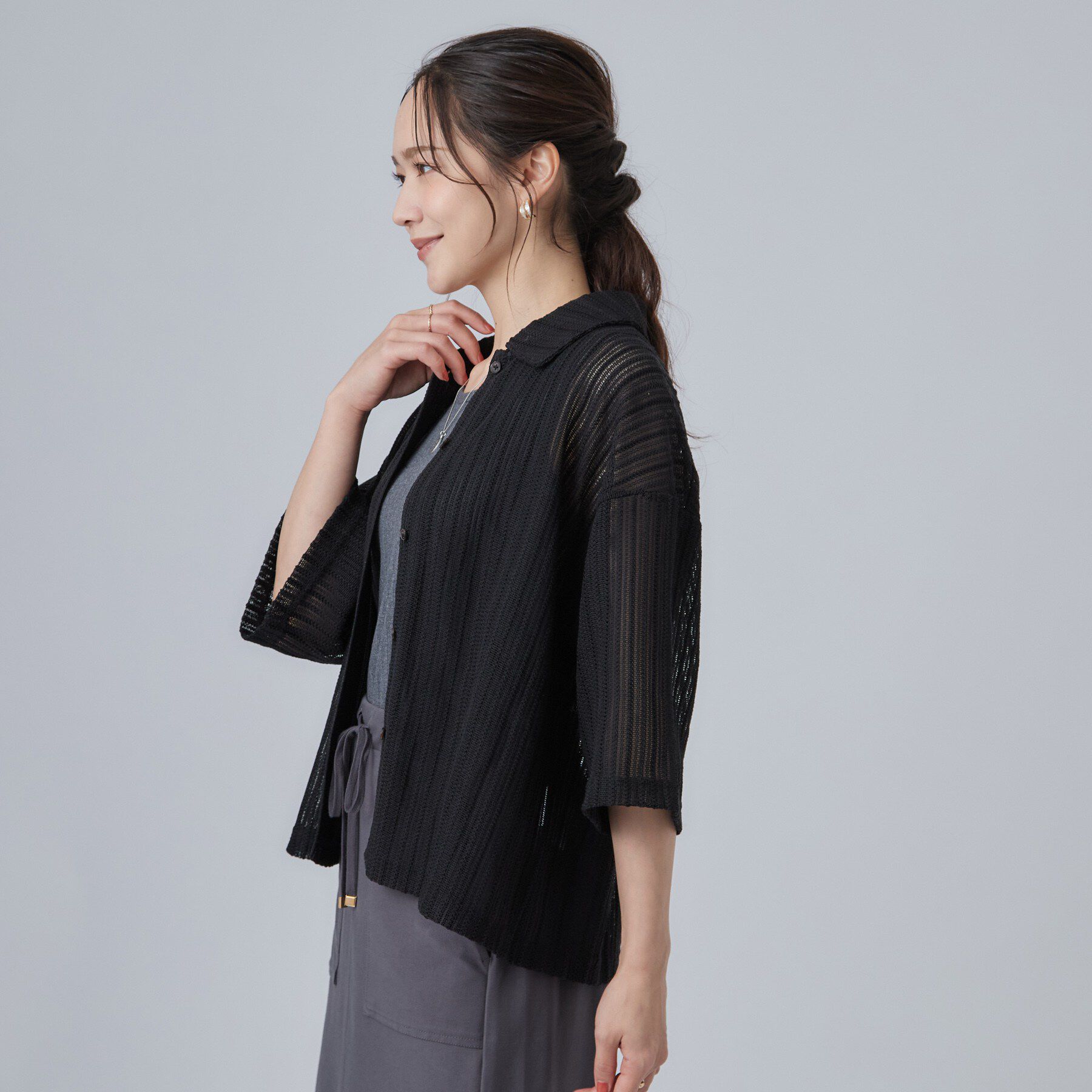 SHOO･LA･RUE「【洗濯機可/S-LL】軽やかで涼しげな 透かしレース風前開きシャツ」|シャツ・ブラウス|