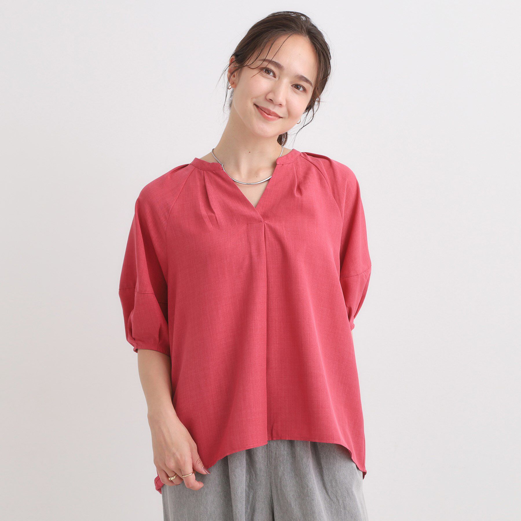 SHOO･LA･RUE「【S-LL/洗濯後しわになりにくい】ランタンスリーブで女性らしく 5分袖スキッパーブラウス」|シャツ・ブラウス|