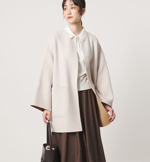 UNITED ARROWS「バイカラー リバー ミドルコート」|ノーカラーコート|OFF WHITE