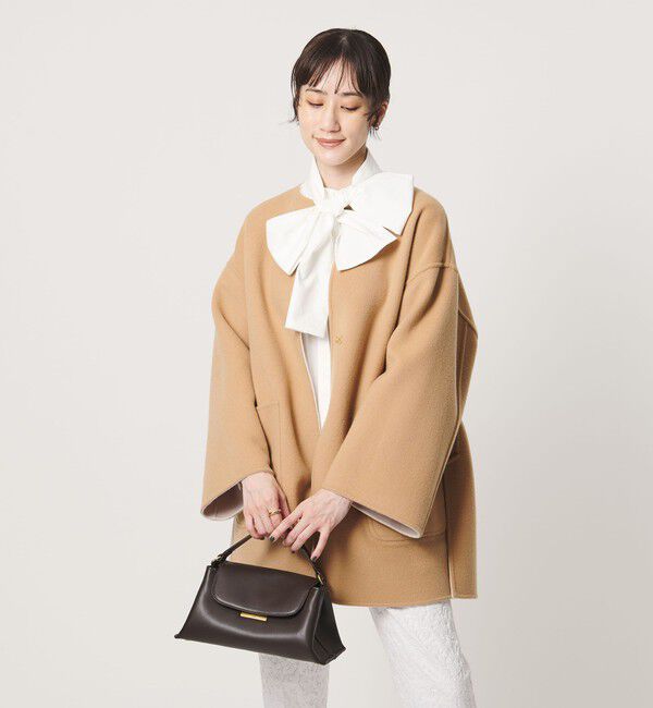 UNITED ARROWS「バイカラー リバー ミドルコート」|ノーカラーコート|