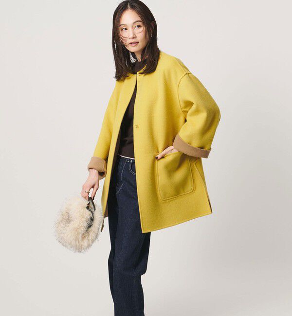 UNITED ARROWS「バイカラー リバー ミドルコート」|ノーカラーコート|YELLOW