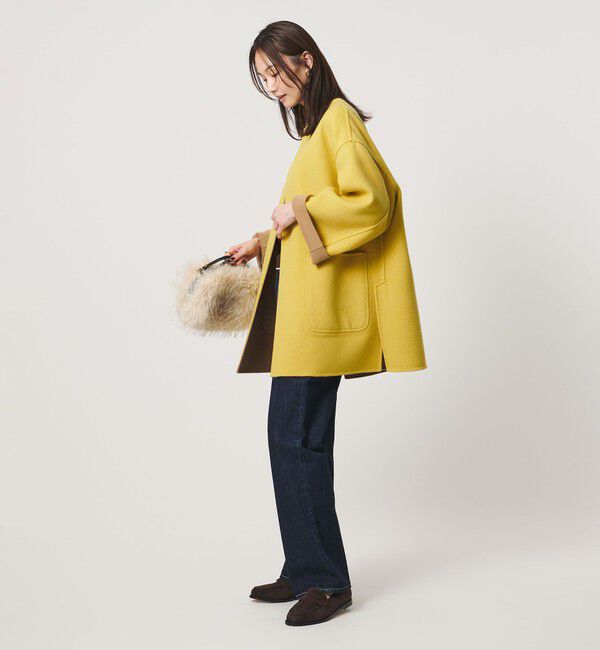 UNITED ARROWS「バイカラー リバー ミドルコート」|ノーカラーコート|