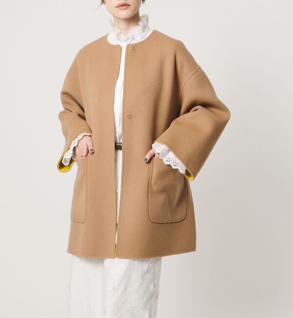 UNITED ARROWS「バイカラー リバー ミドルコート」|ノーカラーコート|