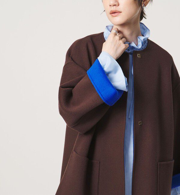 UNITED ARROWS「バイカラー リバー ミドルコート」|ノーカラーコート|