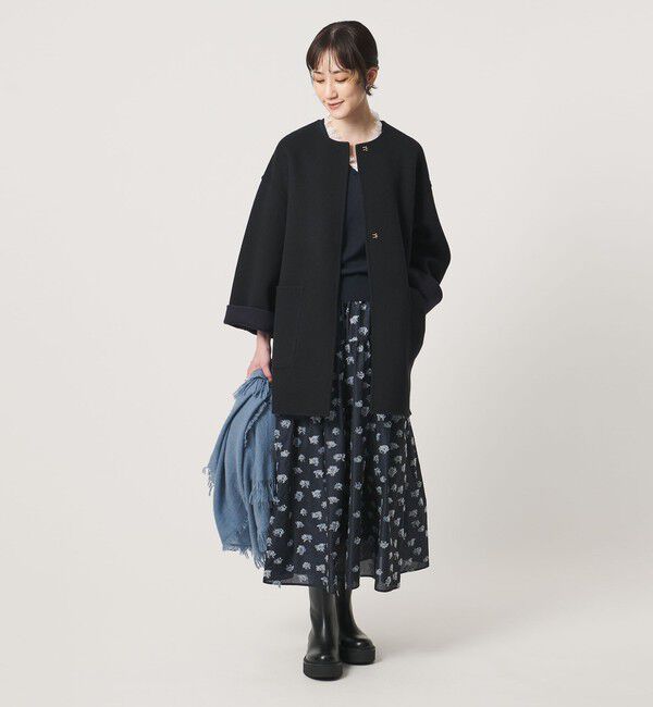 UNITED ARROWS「バイカラー リバー ミドルコート」|ノーカラーコート|