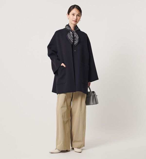 UNITED ARROWS「バイカラー リバー ミドルコート」|ノーカラーコート|