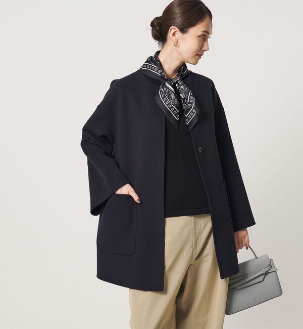 UNITED ARROWS「バイカラー リバー ミドルコート」|ノーカラーコート|