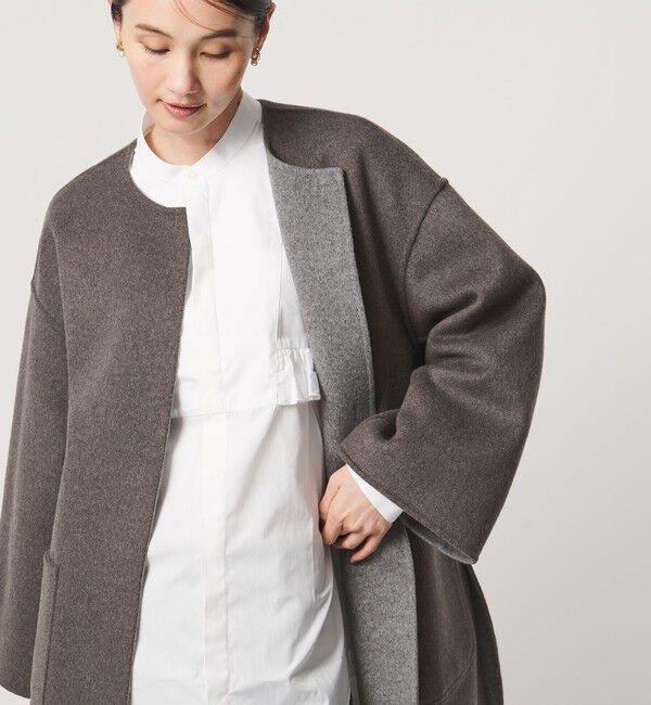 UNITED ARROWS「バイカラー リバー ミドルコート」|ノーカラーコート|