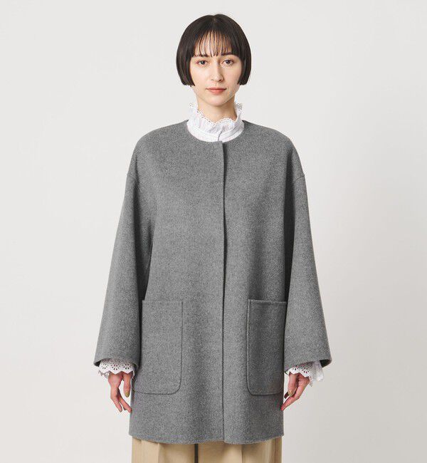 UNITED ARROWS「バイカラー リバー ミドルコート」|ノーカラーコート|