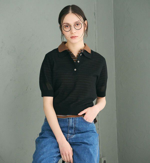 BEAUTY&YOUTH UNITED ARROWS「メッシュ ポロニット プルオーバー ウォッシャブル」|ニット・セーター|BLACK