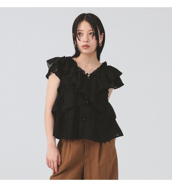 Ray BEAMS 「ラッフル ティアード Vネック フレンチスリーブ」|シャツ・ブラウス|