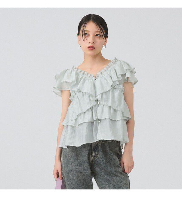 Ray BEAMS 「ラッフル ティアード Vネック フレンチスリーブ」|シャツ・ブラウス|