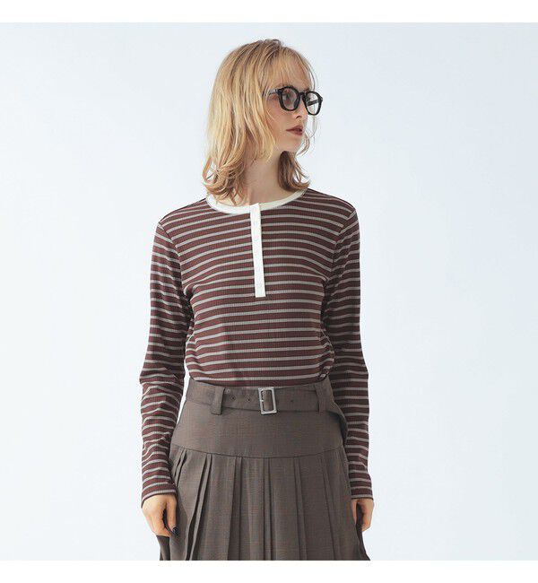 Ray BEAMS 「RIB ボーダー ヘンリーネック Tシャツ」|Tシャツ・カットソー|BROWN